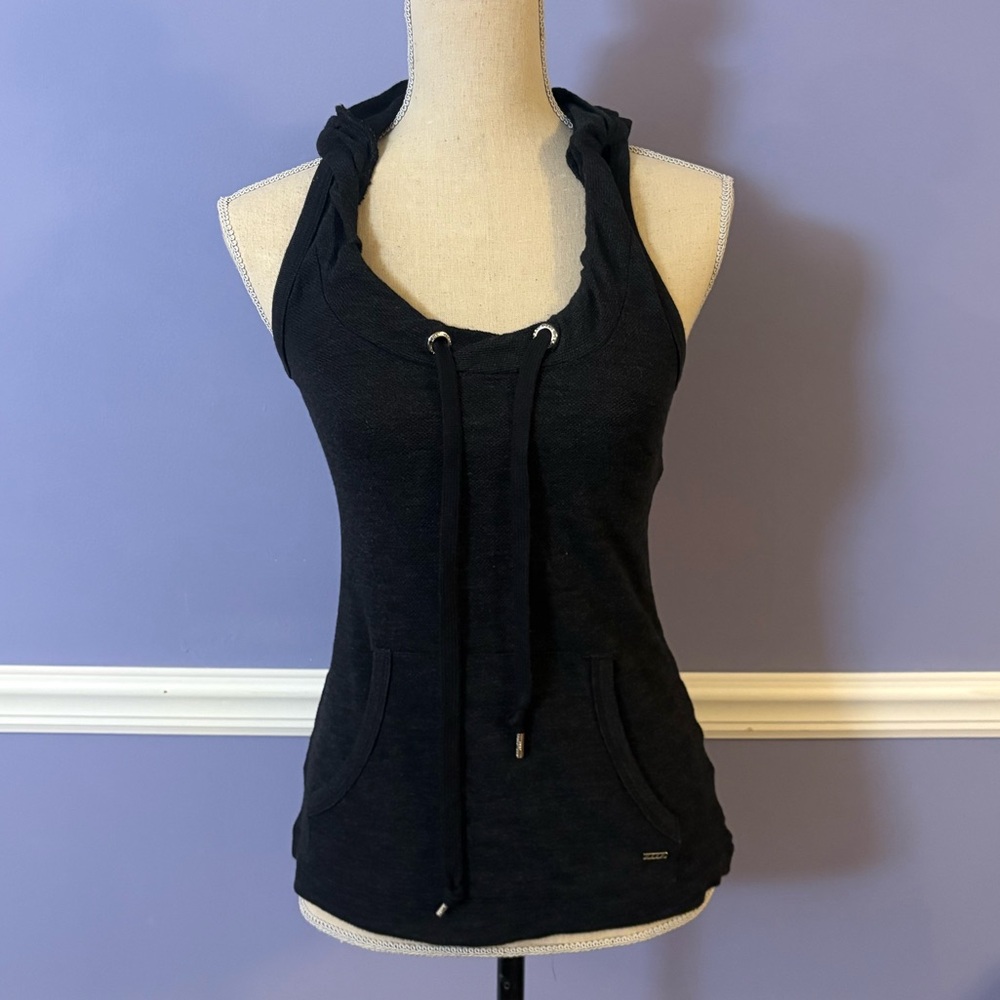Lorna Jane Black Hooded Tank Top with Drawstring Detail